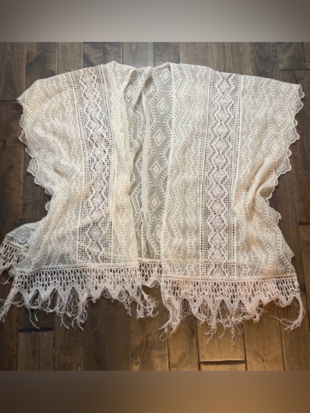 Taylor & Sage Cream Crochet Lace Fringe Kimono Cardigan XL Boho Beach Cover Up - Picture 4 of 4